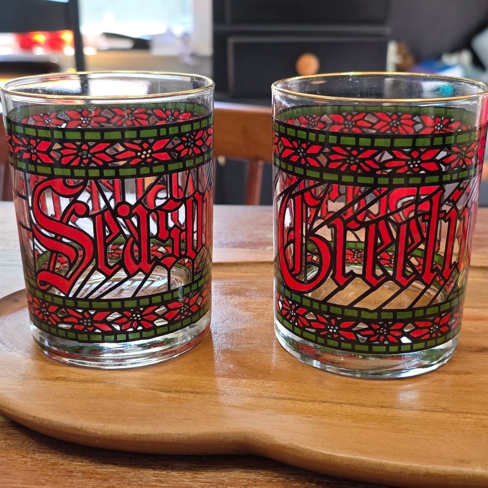 Vintage Houze Art Seasons Greetings Stained Glass Christmas Lowball Glass Set 2